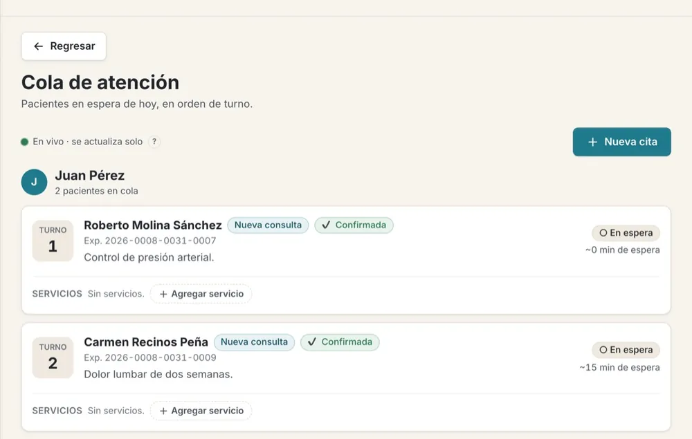 Pantalla de Clinea: cola de atención del día con los pacientes en espera